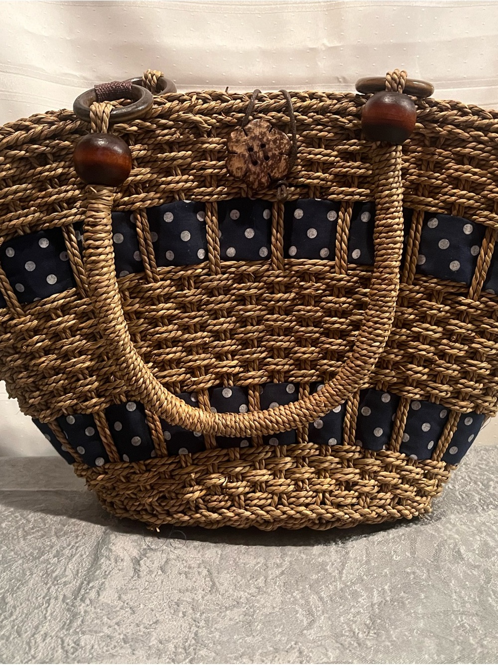 EUC Woven Straw Tote Bag with Navy Polka Dot Lining